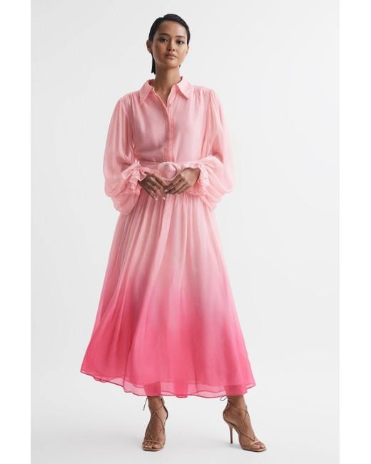 LEO LIN Pink Rayon Silk Tie Neck Midi Dress