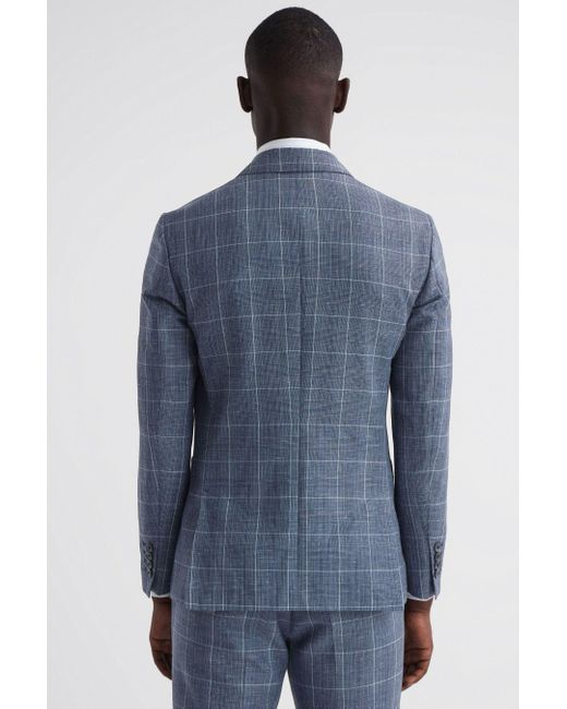 Reiss Blue Aintree - Indigo Slim Fit Wool Linen Check Double Breasted Blazer for men
