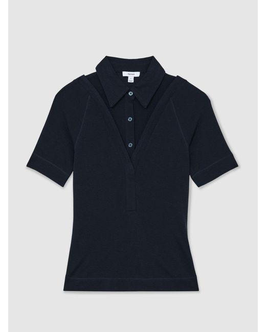 Reiss Blue Collar-Insert Jersey-Knit Top With Wool