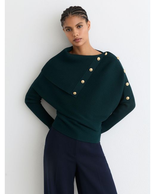 Reiss Lexi - Teal Blue Rib-knit Button Shawl Jumper, L (us 12-14)