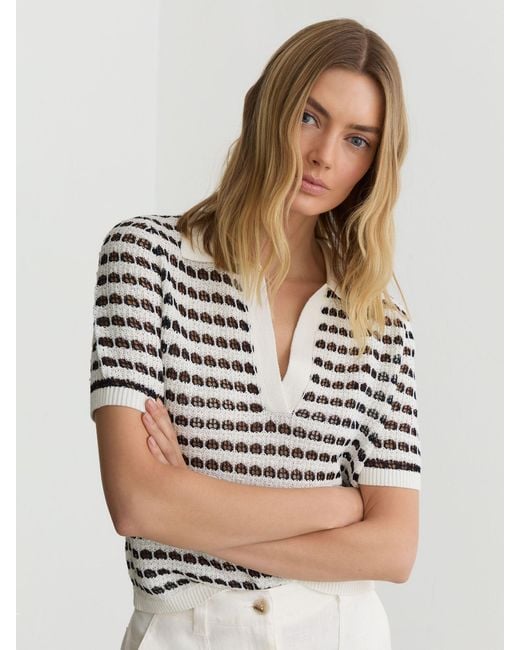 Reiss Multicolor Open-Knit Patterned Polo Top With Cotton
