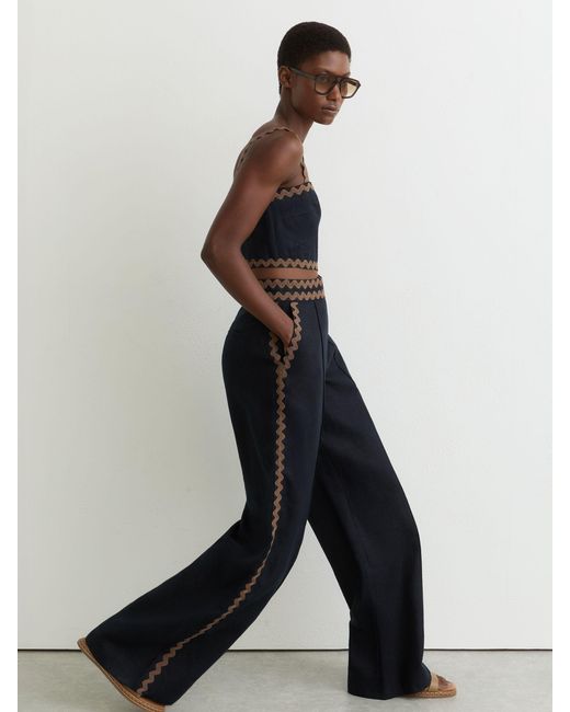 Reiss Black Linen Wave-Trim Wide-Leg Trousers