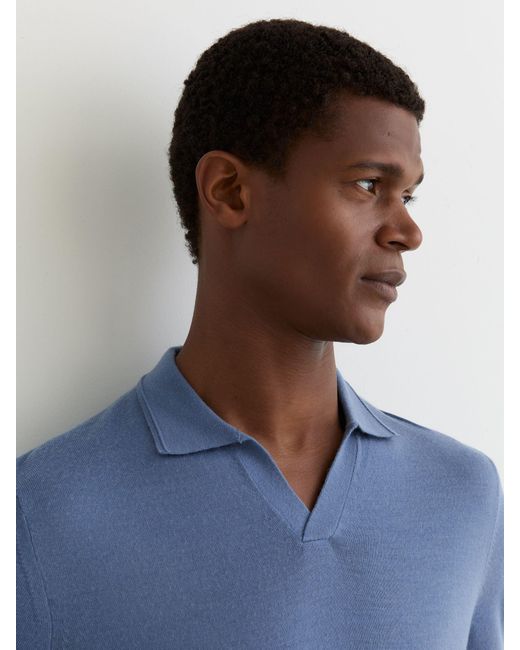 Reiss Blue Merino Wool Open-Collar Polo Shirt for men