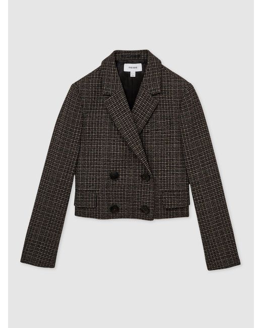 Reiss Brown Double-Breasted Tweed Cropped Blazer