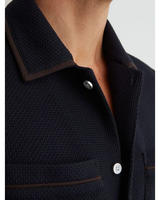 Reiss Blue Textured Piped Short-Sleeve Shirt for men