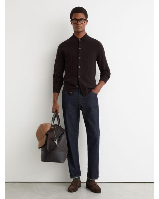 Reiss Black Wool Stitch-Detail Button Cardigan for men
