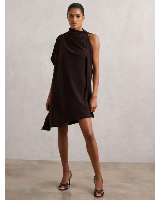 Reiss Brown One Shoulder Draped Mini Dress