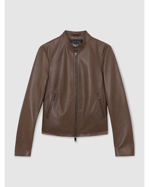 Reiss Brown Allie - Taupe Neutral Leather Collarless Biker Jacket, Us 10