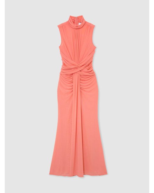 Reiss Red Sheer Ruched Sleeveless Maxi Dress