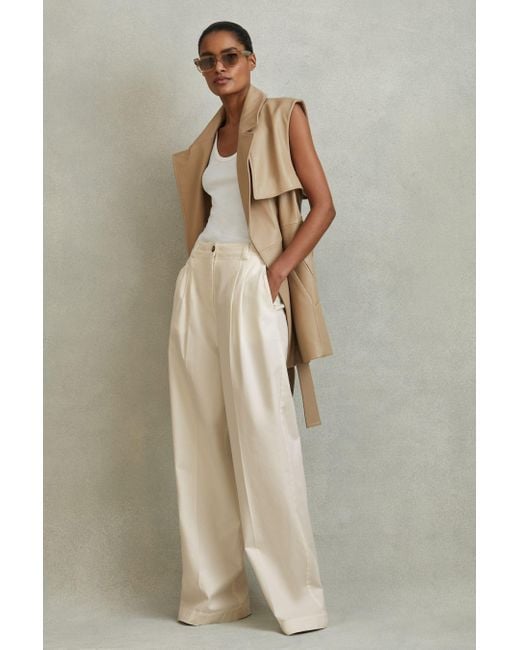 Reiss Natural Astrid - White Cotton Blend Wide Leg Trousers