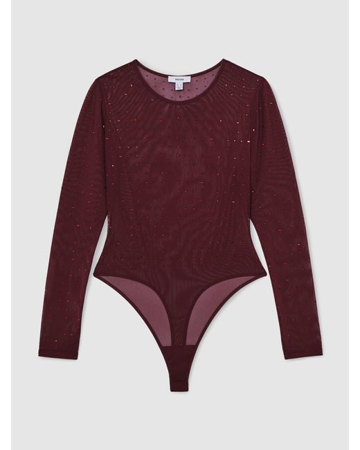 Reiss Red Crystal-Embellished Mesh Bodysuit