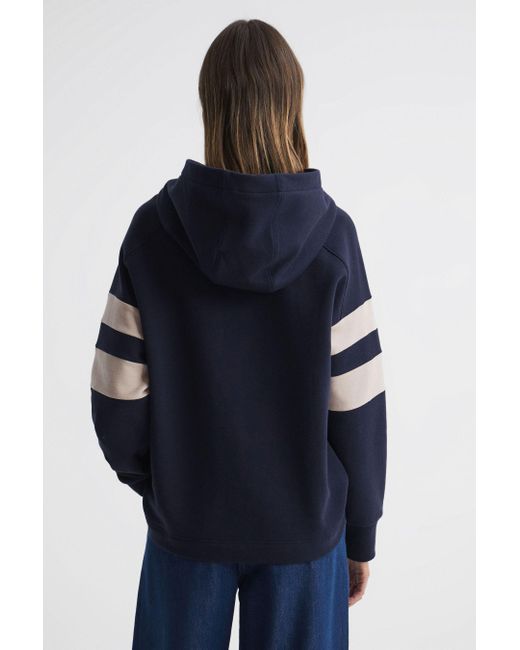 Reiss Blue Dee - Navy/stone Cotton Blend Striped Hoodie, S