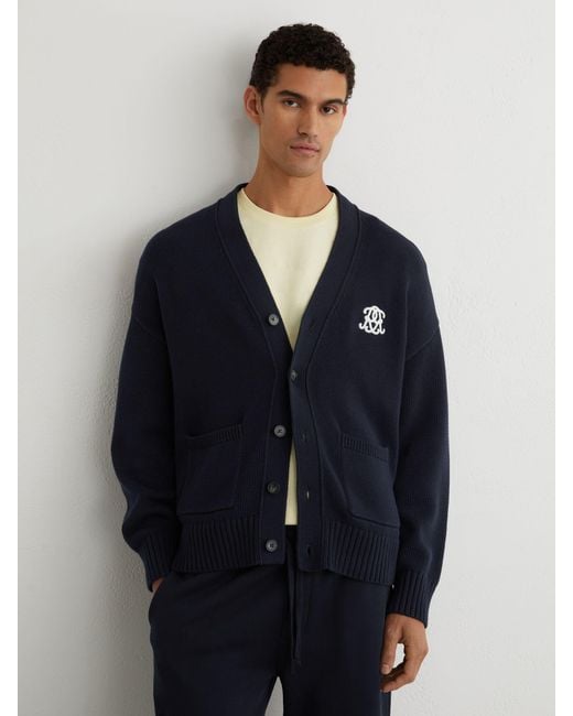 Reiss Blue Monogram-Embroidered Relaxed Cardigan for men