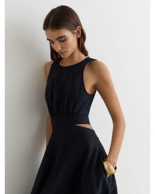 reiss black linen dress Reiss Short-Sleeve Belted Midi Dress with Linen in Navy