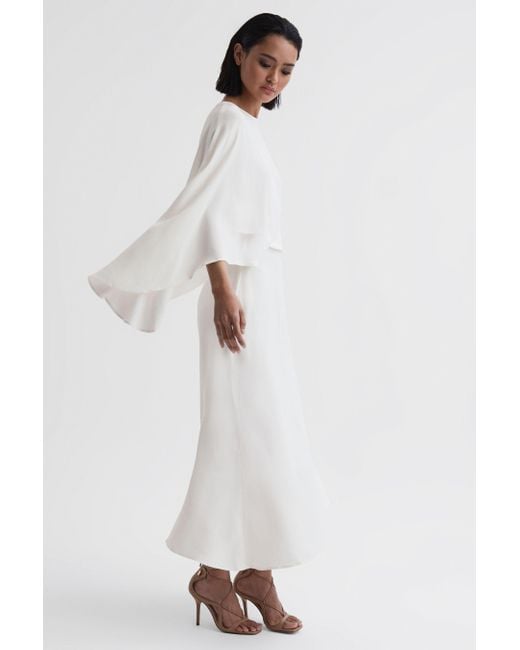 Reiss White Naomi Cape-sleeve Asymmetric Woven Maxi Dress