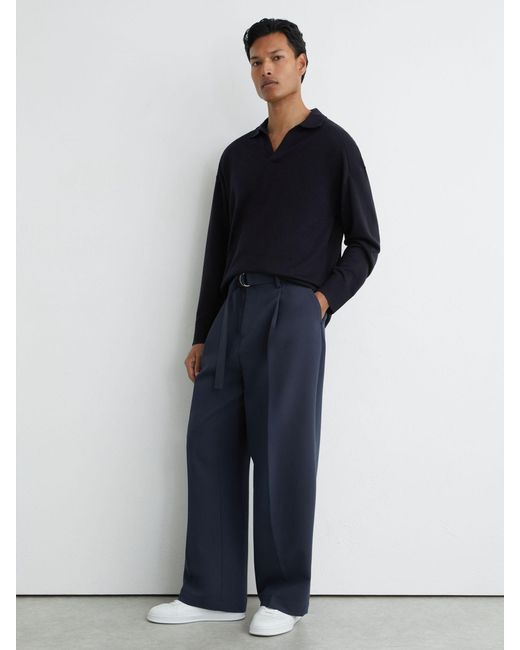 Reiss Blue Merino Wool Open-Collar Polo Jumper for men