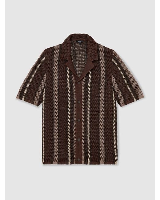 Reiss Brown Crochet Stripe Cuban-Collar Shirt for men