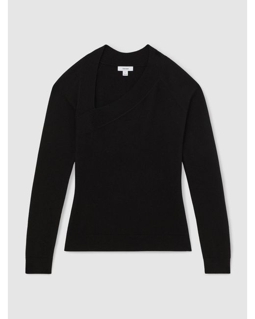 Reiss Zoie - Black Wool-blend Asymmetric Knit Top, L (us 12-14)