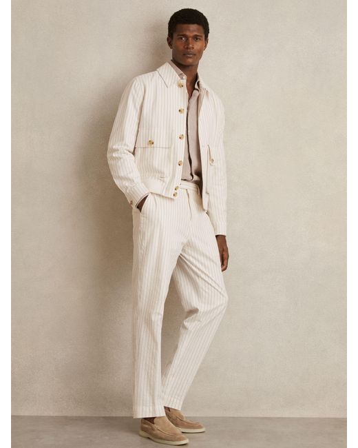 Reiss Natural Easton - Off White/taupe Brown Cotton-blend Pinstripe Harrington Jacket, M for men