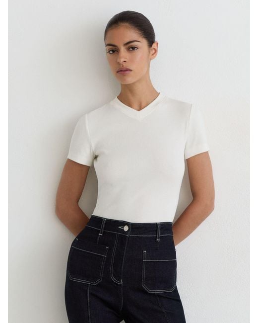 Reiss White Cotton-Stretch High V-Neck T-Shirt