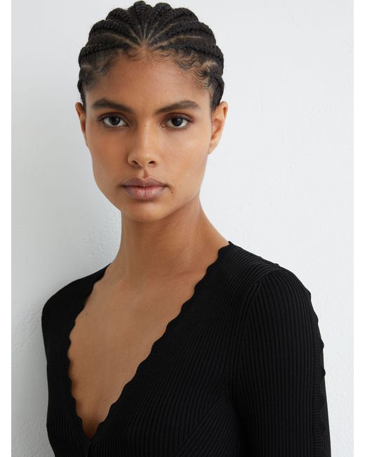 Reiss Black Scallop-Trim Knitted Mini Dress