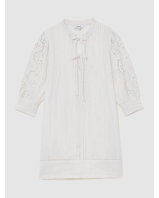 Reiss White Gia - Ivory Cotton Cheesecloth Broderie Mini Dress, Us 4