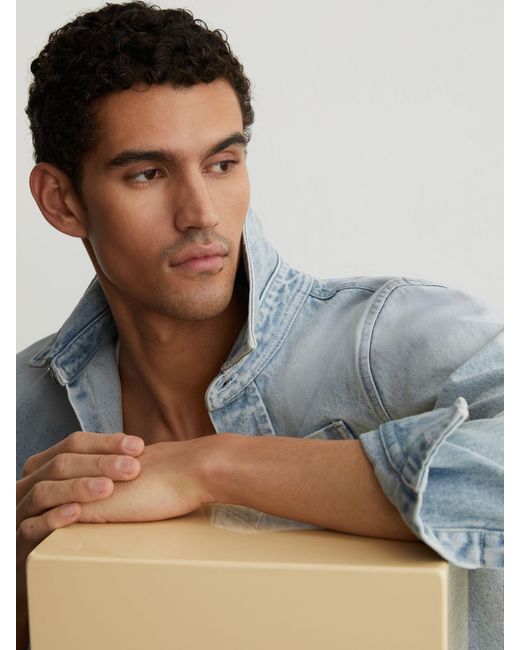Reiss Gray Randall - Acid Blue Monogram Relaxed Washed-denim Overshirt, L for men