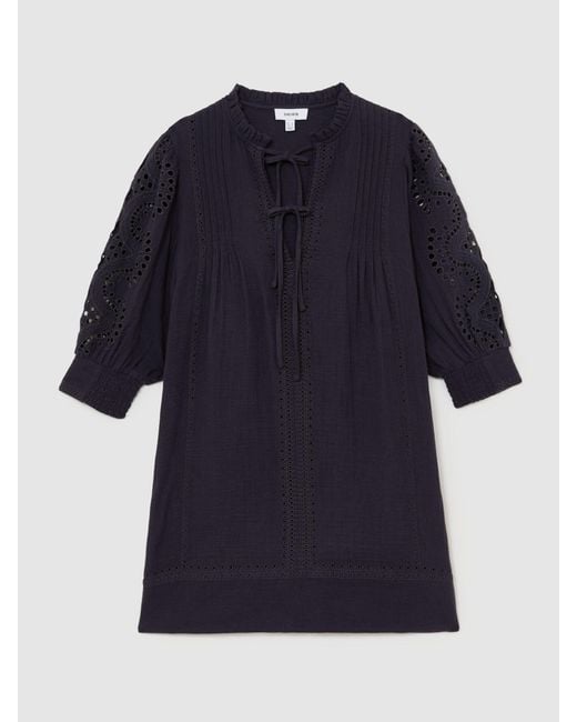 Reiss Blue Cotton Cheesecloth Broderie Mini Dress