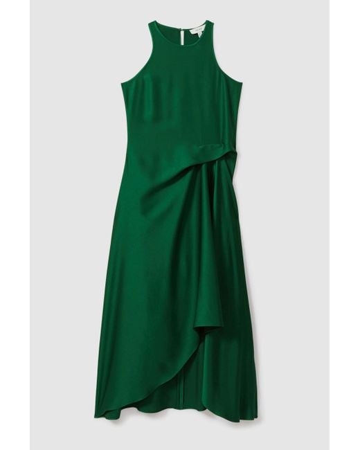 Reiss Micah - Green Petite Satin Drape Tuck Midi Dress