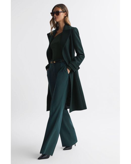 Reiss Blue Tor Relaxed Wool Single Breasted Belted Coat - Green Plain