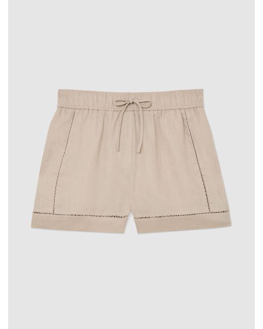 Reiss Natural Riley - Neutral Linen Ladder-embroidery Shorts, Us 8