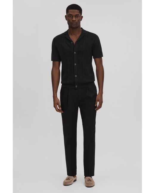 Reiss Fortune - Black Cable Knit Cuban Collar Shirt, L for men