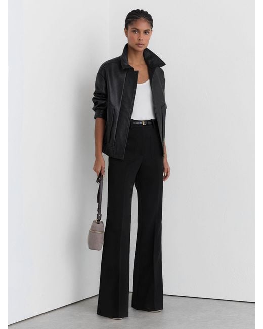 Reiss Black Petite Leather High-Rise Flared Trousers