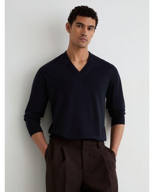 Reiss Blue Merino Wool V-Neck Jumper for men