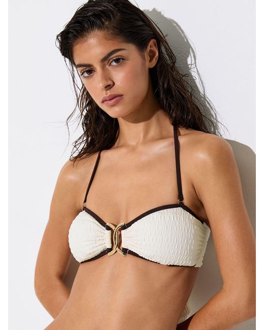 Reiss Natural Johannah - Ivory/chocolate Bandeau Halterneck Bikini Top, Us 2