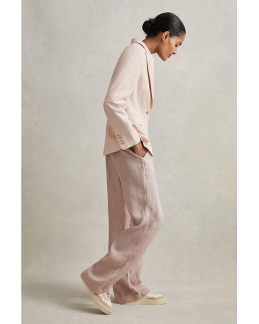 Reiss Natural Cleo - Dusty Pink Garment Dyed Wide Leg Linen Trousers