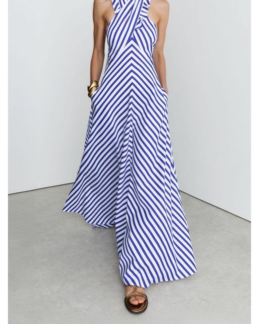 Reiss Blue Striped Halterneck Ruffle Maxi Dress