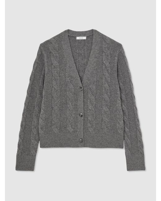 Reiss Gray Wool-Cashmere Cable-Knit Cardigan