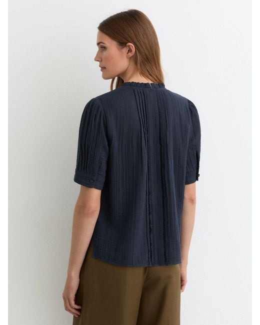 Reiss Blue Cotton Muslin Frill-Neck Top