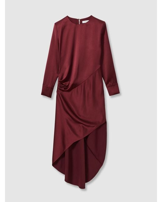Reiss Red Petite Satin Asymmetric Draped Maxi Dress