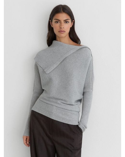 Reiss Gray Asymmetric Zip-Neck Rib-Knit Jumper