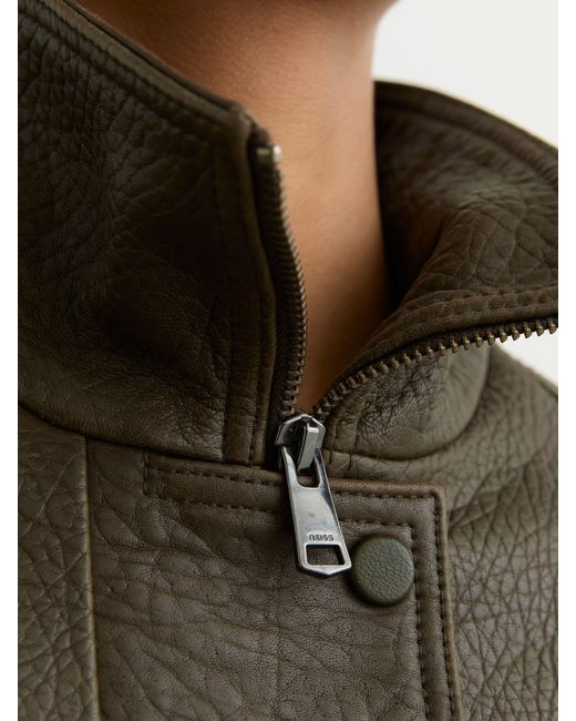 Reiss Brown Kiara - Khaki Green Oversized Grained-leather Bomber Jacket, Us 8