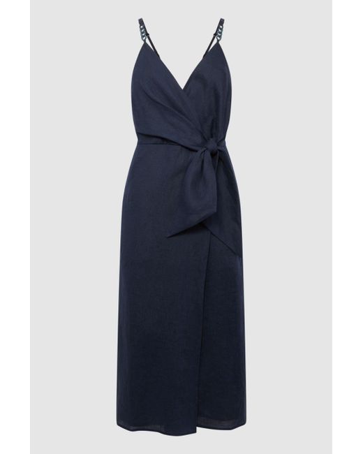 Reiss Blue Esme - Navy Linen Side Tie Midi Dress