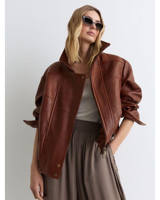Reiss Brown Petite Textured Leather Oversized Jacket
