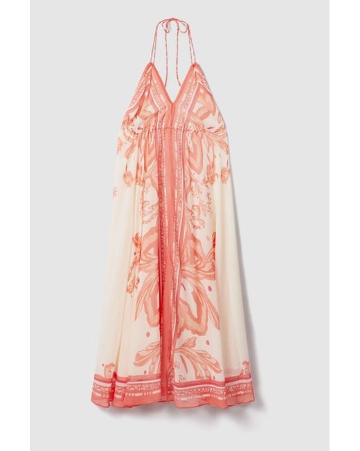 Reiss Multicolor Delilah - Coral Petite Printed Ruched Waist Midi Dress