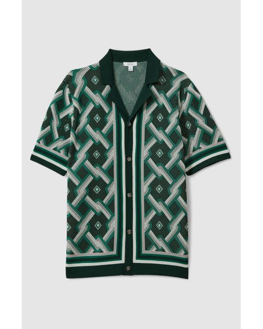 Reiss Hyde - Green Multi Knitted Cuban Collar Shirt, L for men
