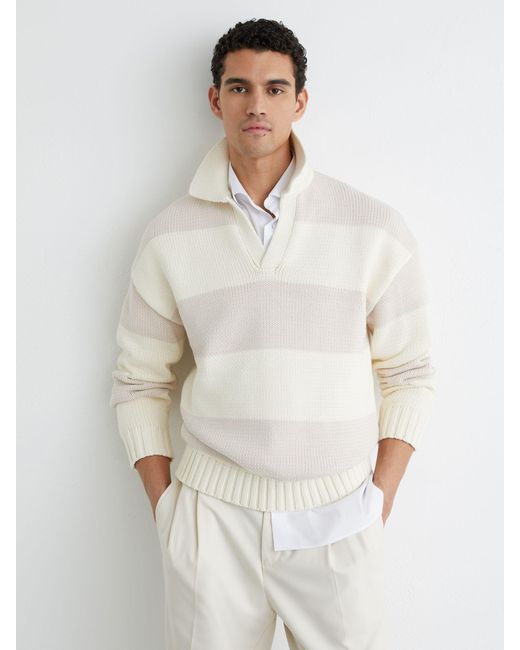 Reiss Gray Off & Oatmeal Melange Cotton-Blend Open-Collar Rugby Jumper for men