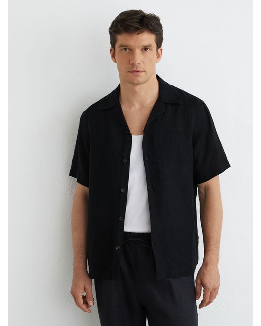 Reiss Black Relaxed Linen Cuban Collar Shirt for men