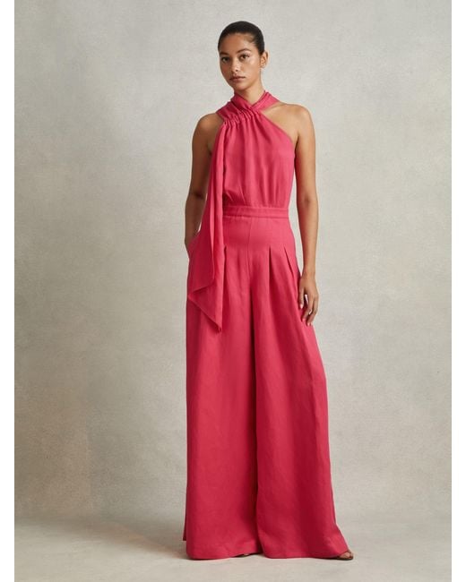 Reiss Red Selena - Coral Petite Linen Blend Drape Jumpsuit, Us 0