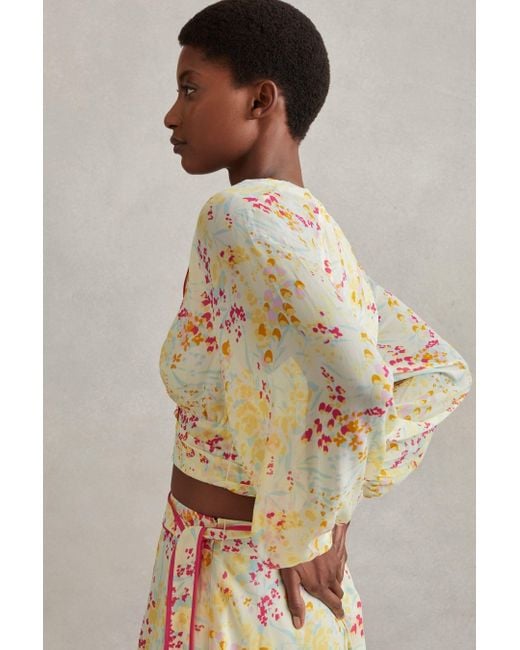 Reiss Natural Lyla - Pink/yellow Floral Print Tie Waist Cropped Blouse